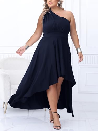 Ekaliy Women's Plus Size One Shoulder Dress Elegant High Low Irregular Hem Flowy Party Cocktail Maxi Dress Navy XL - Image 3