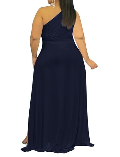 Ekaliy Women's Plus Size One Shoulder Dress Elegant High Low Irregular Hem Flowy Party Cocktail Maxi Dress Navy XL - Image 2