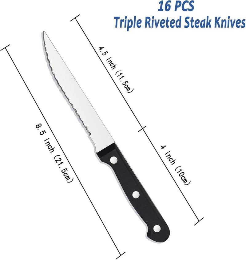 BEWOS Steak Knives Set of 16 - Triple Rivet Steak Knife, Serrated Steak Knives, Stainless Steel Serrated Blades (4.5”), Sharp Knifes, Dinner Knives, Dishwasher Safe, Knives Set for Home, Restaurant - Image 2