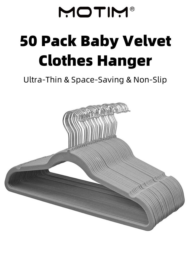 Motim 50 Pack Baby Velvet Clothes Hanger Ultra-Thin Space-Saving Nursery Hangers Non-Slip Toddler Hangers with Swivel Hook Notched Shoulder Design(Grey 50)  - Image 1