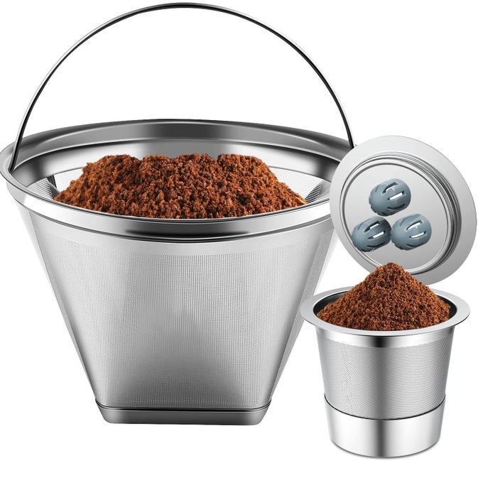 STAINLESS STEEL REUSABLE COFFEE FILTER COMPATIBLE WITH COFFEE MAKER REUSABLE COFFEE PODS WITH 4 CONE COFFEE FILTERS REUSABLE COFFEE FILTERS FOR NINJA CFP201 CFP300 CFP301 CFP307