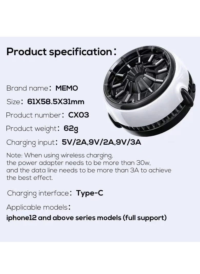 Memo - CX03 Cell Phone Semiconductor Magnetic Cooling Fan Radiator with Wireless Charging Function for PUBG Game Cooler for IOS Android - Image 1