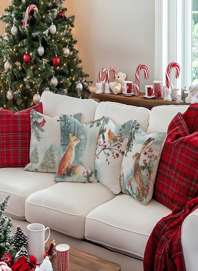 okaxscm Watercolor Snowy Winter Woodland Animals Decorative Throw Pillow Covers for Holiday, Home Sofa Bed Couch Farmhouse Holiday Decor 18x18 Inch Set of 4 - Image 3