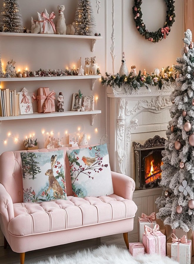 okaxscm Watercolor Snowy Winter Woodland Animals Decorative Throw Pillow Covers for Holiday, Home Sofa Bed Couch Farmhouse Holiday Decor 18x18 Inch Set of 4 - Image 5