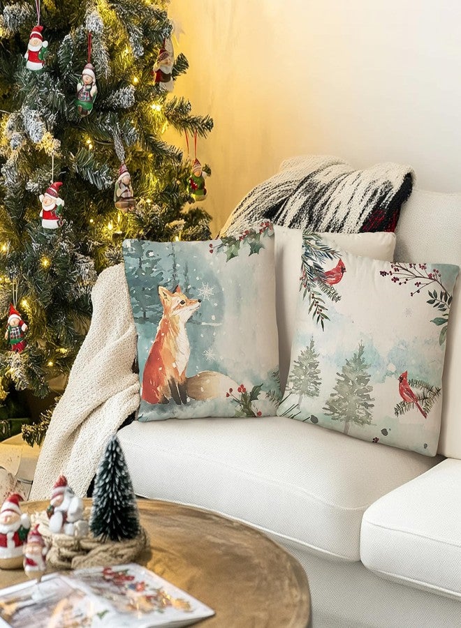 okaxscm Watercolor Snowy Winter Woodland Animals Decorative Throw Pillow Covers for Holiday, Home Sofa Bed Couch Farmhouse Holiday Decor 18x18 Inch Set of 4 - Image 4