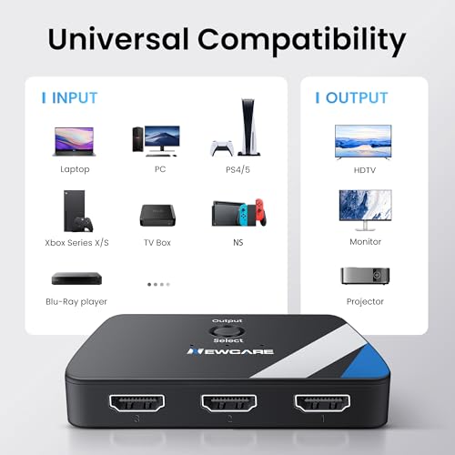 Newcare [Upgrade] HDMI Switch 3 in 1 Out, 4K@60Hz HDMI 2.0 Switch Splitter with 2.6FT Long HDMI Cable, 3-Port HDMI Switcher Selector, Supports 4K 30Hz 3D 1080P HDCP2.2 for PS5 Xbox DVD Player Fire Stick PC - Image 3