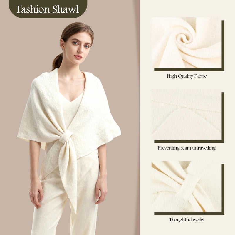 FeelfunFeather Shawl Wraps for Women Winter Knitted Triangle Cashmere Shawl Scarf Pashmina Cardigan Cape-White - Image 4