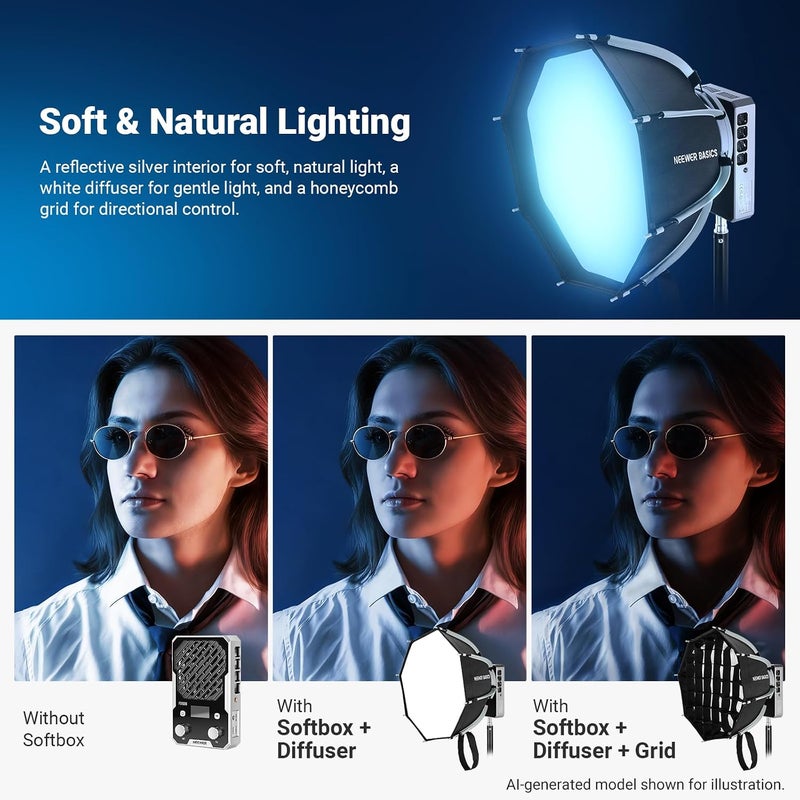 BASICS 12" Octagon Softbox with Mini Mount(Not Bowens Mount), Mini Octabox Parabolic Soft Box Kit with Diffusers/Grid for FS/HB/HS LED Light for Studio Photography Video Recording, NS68P - Image 4