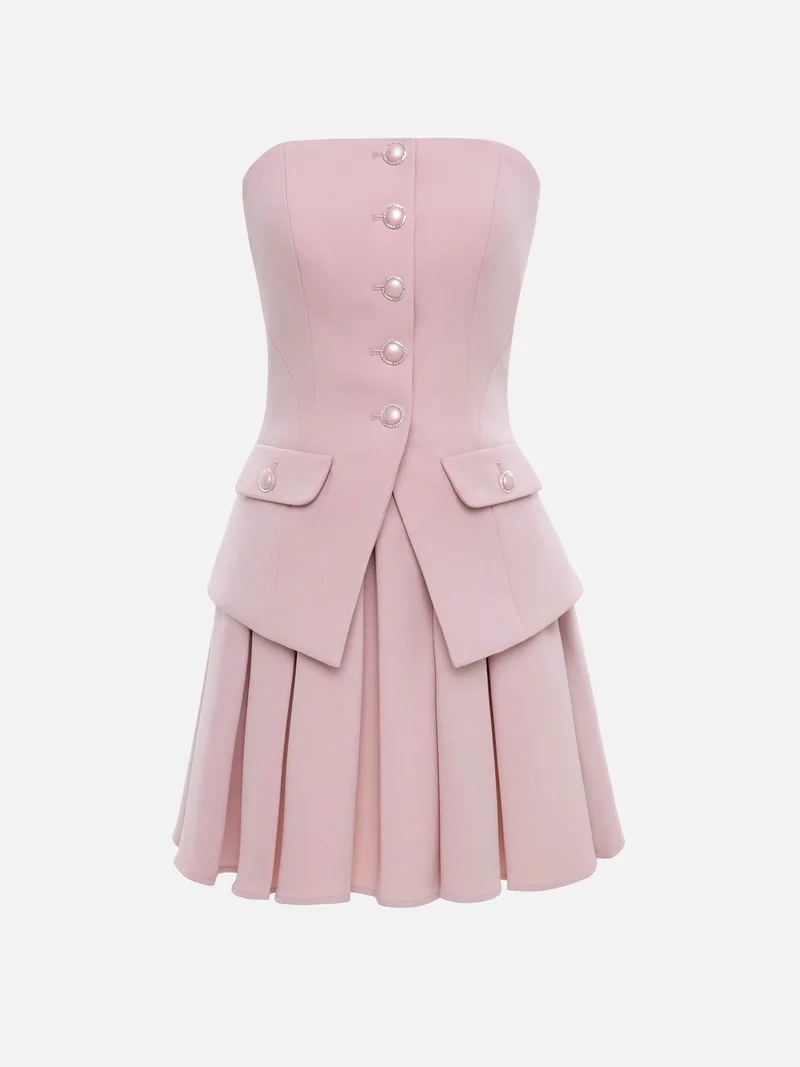Lichi Open-shoulder mini dress with a pleated skirt