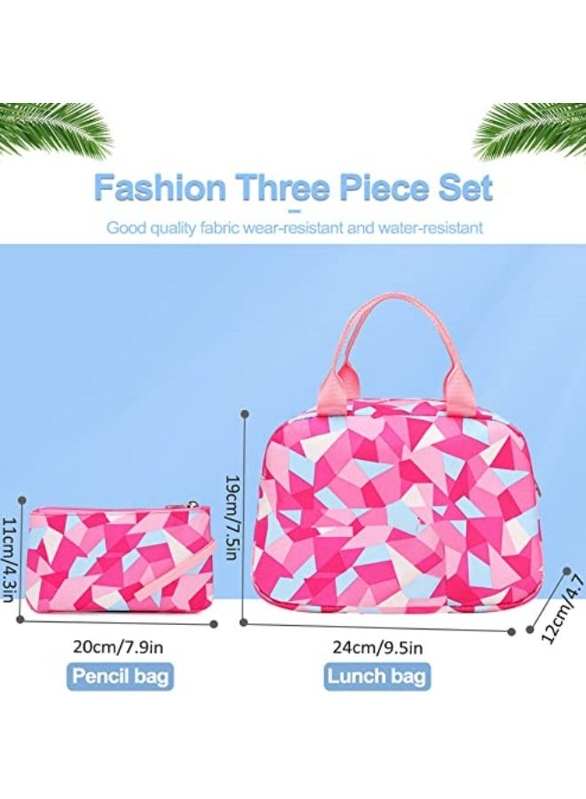 GGEROU 3Pcs School Bags,Children School Backpack,Geometric Print Backpack,School Bags for Teenagers,Large Capacity Backpack,Waterproof Backpacks,3 in 1 School Bag,Lunch Bag and Pencil Case (Red) - Image 3