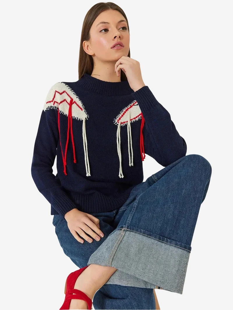 Bianco Lucci LUCCI Fringed Crew Neck Patterned Sweater