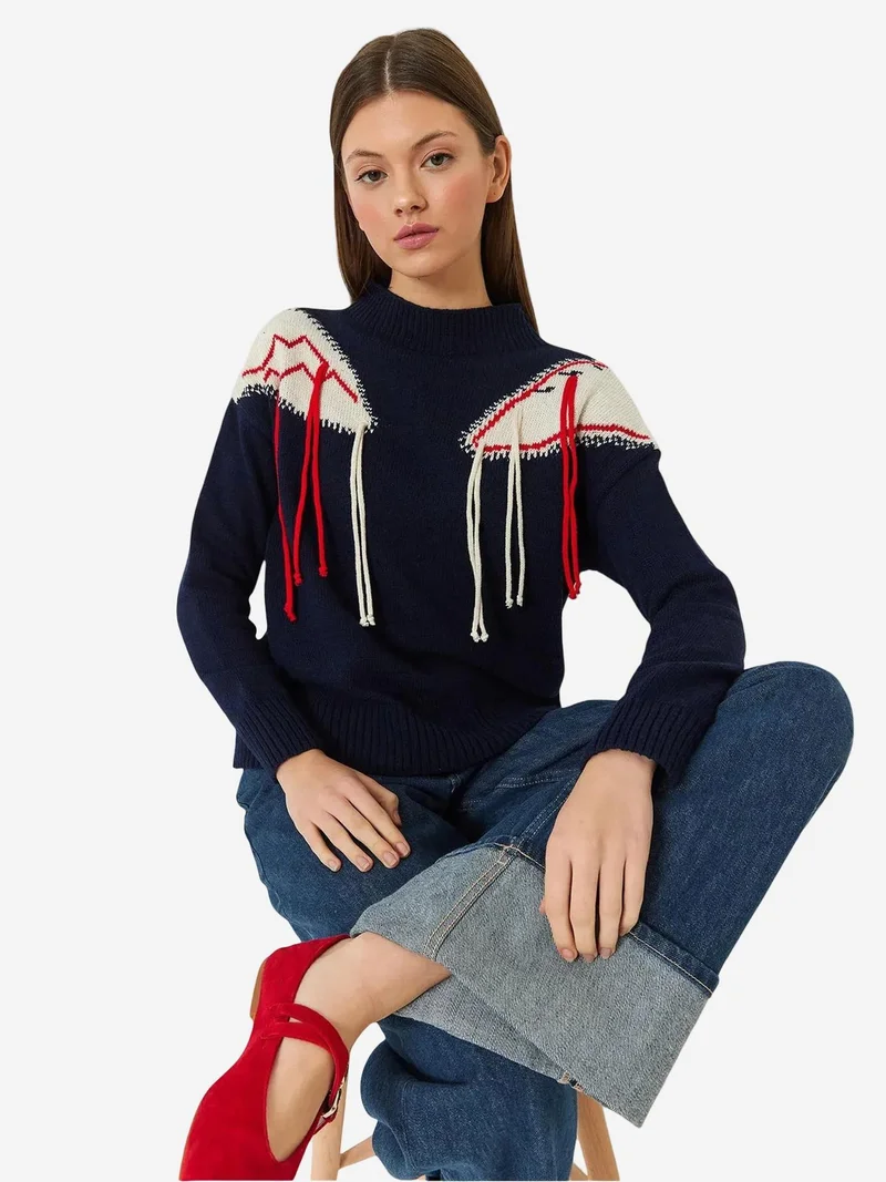 Bianco Lucci LUCCI Fringed Crew Neck Patterned Sweater