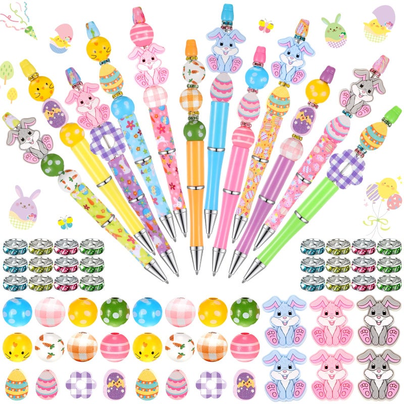 Geyee 12 Set Plastic Beadable Pens Assorted Bead Pens Crystal Wood Round Spacer Set Black Ink DIY Ballpoint for Women Men Gift Office Supplies(Rabbit) - Image 1