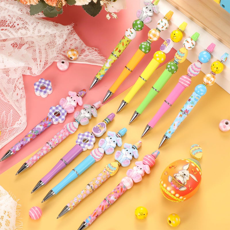 Geyee 12 Set Plastic Beadable Pens Assorted Bead Pens Crystal Wood Round Spacer Set Black Ink DIY Ballpoint for Women Men Gift Office Supplies(Rabbit) - Image 2