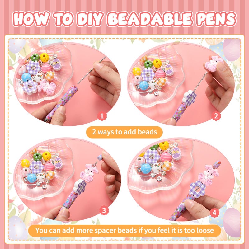 Geyee 12 Set Plastic Beadable Pens Assorted Bead Pens Crystal Wood Round Spacer Set Black Ink DIY Ballpoint for Women Men Gift Office Supplies(Rabbit) - Image 5