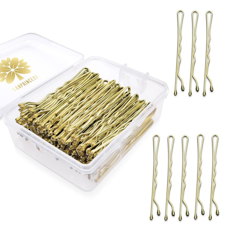 KANPRINCESS 100PCS 2Inches Hair Pins Kit Hair Clips Secure Hold Bobby Pins Hair Clips for Women Girls and Hairdressing Salon With Clear Storage BoxGold