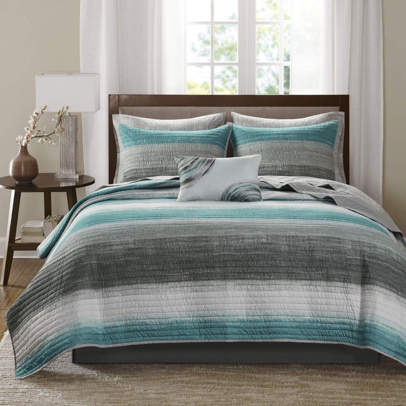 madison park Madison Park Essentials Saben Cozy Bed in A Bag Reversible Quilt with Complete Cotton Sheet SetGeometric Design All Season Cover Decorative Pillow Queen90x90 Stripes Aqua 8 Piece 