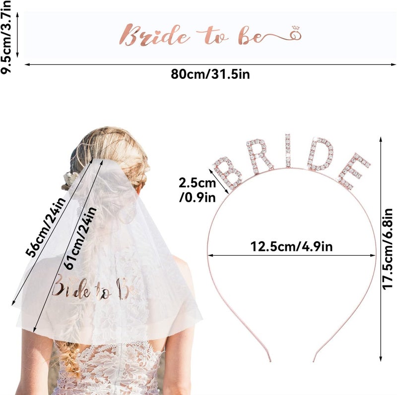 كلاراكو مجموعة إكسسوارات حفلة توديع العزوبية من 3 قطع، إكسسوارات تزيين حفل توديع العزوبية باللون الذهبي الوردي - وشاح العروس وطرحة وعصابة رأس للعروس لمستلزمات حفلة توديع العزوبية - Image 2