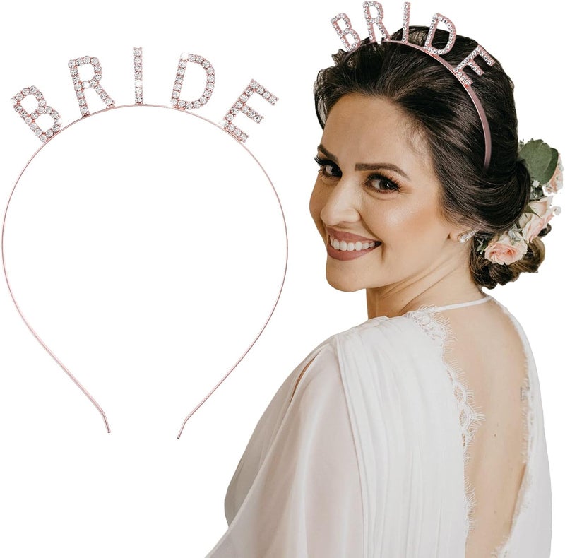 كلاراكو مجموعة إكسسوارات حفلة توديع العزوبية من 3 قطع، إكسسوارات تزيين حفل توديع العزوبية باللون الذهبي الوردي - وشاح العروس وطرحة وعصابة رأس للعروس لمستلزمات حفلة توديع العزوبية - Image 4