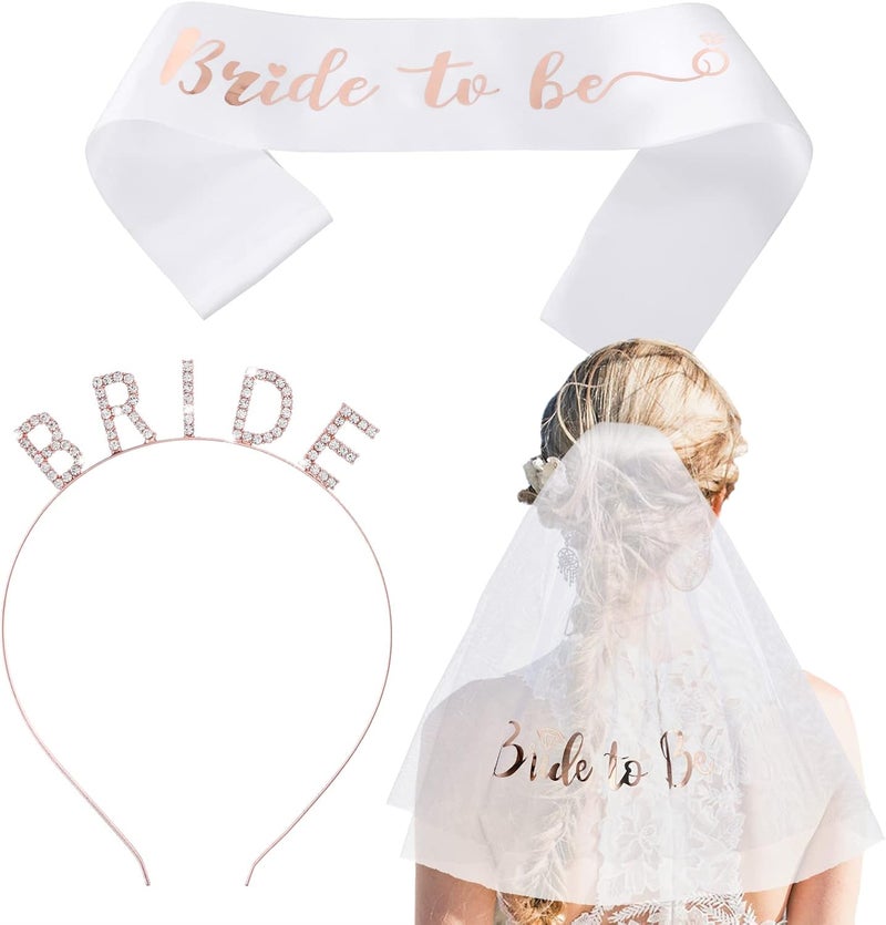 كلاراكو مجموعة إكسسوارات حفلة توديع العزوبية من 3 قطع، إكسسوارات تزيين حفل توديع العزوبية باللون الذهبي الوردي - وشاح العروس وطرحة وعصابة رأس للعروس لمستلزمات حفلة توديع العزوبية - Image 1