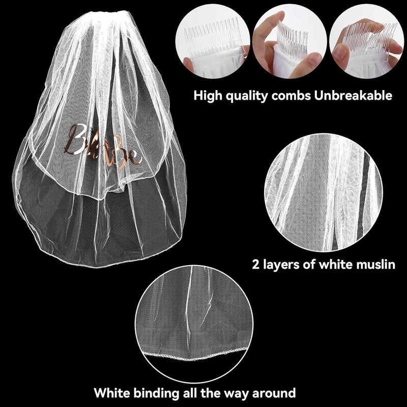 كلاراكو مجموعة إكسسوارات حفلة توديع العزوبية من 3 قطع، إكسسوارات تزيين حفل توديع العزوبية باللون الذهبي الوردي - وشاح العروس وطرحة وعصابة رأس للعروس لمستلزمات حفلة توديع العزوبية - Image 3