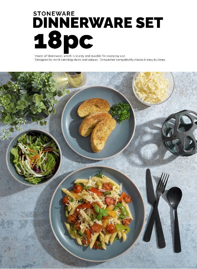 Feelings طقم عشاء من 18 قطعة من الخزف، أطباق، صحون، سلطانيات، يخدم 6 أشخاص باللون الأزرق - Image 4