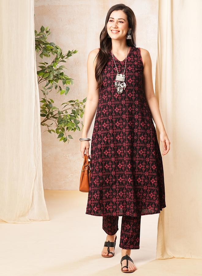 globus Geometric Print Thread Work A-Line Kurta and Pants Set - Image 1