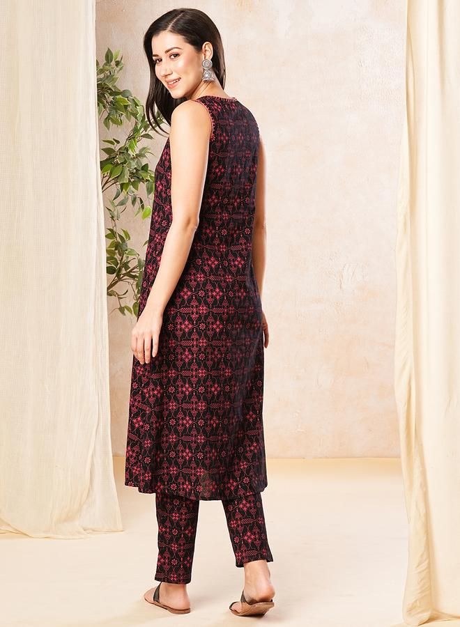 globus Geometric Print Thread Work A-Line Kurta and Pants Set - Image 3