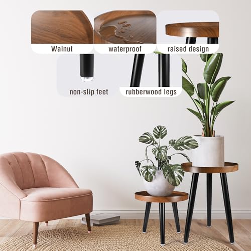 KGPLOME Indoor Plant Stand,Wood Mid Century Plant Table in Walnut Finish,Tall Plant Stand for Flower Pot,Modern Round Small Side End Table with Raised Design (Walnut, 12"x10.8" 2 Pack) - Image 4