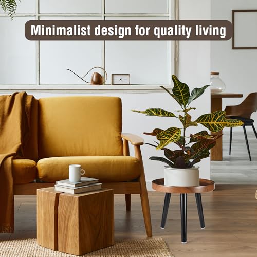 KGPLOME Indoor Plant Stand,Wood Mid Century Plant Table in Walnut Finish,Tall Plant Stand for Flower Pot,Modern Round Small Side End Table with Raised Design (Walnut, 12"x10.8" 2 Pack) - Image 5