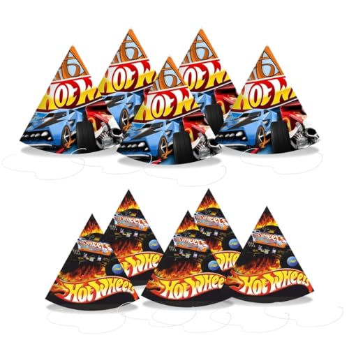 PrettyurParty PRETTY UR PARTY Fast Wheels Theme Birthday Party Caps – Pack of 10 Colorful Race Car Party Hats for Kids | Fun & Durable Cone Hats for Boys' Birthday Celebrations - Image 1