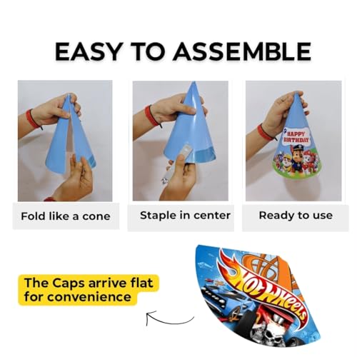 PrettyurParty PRETTY UR PARTY Fast Wheels Theme Birthday Party Caps – Pack of 10 Colorful Race Car Party Hats for Kids | Fun & Durable Cone Hats for Boys' Birthday Celebrations - Image 4