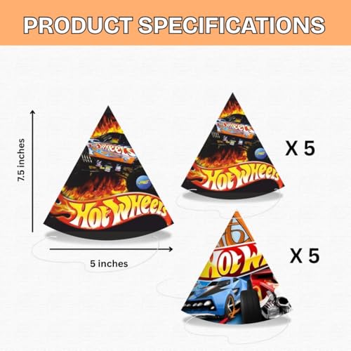 PrettyurParty PRETTY UR PARTY Fast Wheels Theme Birthday Party Caps – Pack of 10 Colorful Race Car Party Hats for Kids | Fun & Durable Cone Hats for Boys' Birthday Celebrations - Image 2