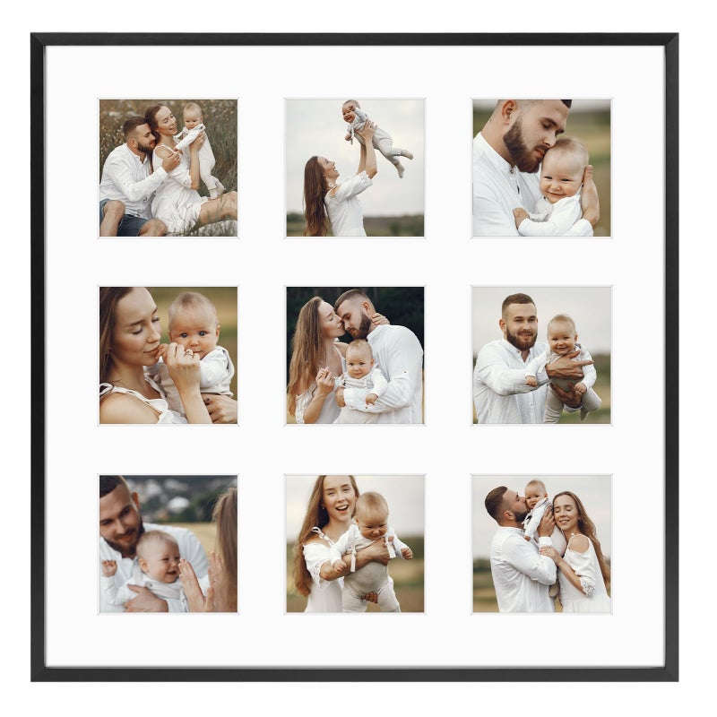 Golden State Art Golden State Art 4x4 Aluminum Collage Frame Displays 4 x 4 Pictures With 9 Openings Mat or One 16x16 Photo Real Glass Wall Display Black 1 Pack 