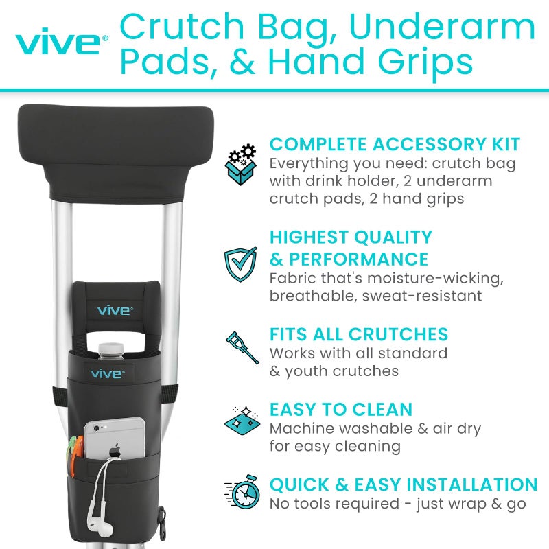 Vive Crutch Pads, Bag, & Hand Grips (5 PCS) - Crutches for Adults Armpit Padding, Hand Grips, Accessories Pouch - Soft Tips Medical Padded Handles for Kids, Men, Women - Lightweight - Image 2