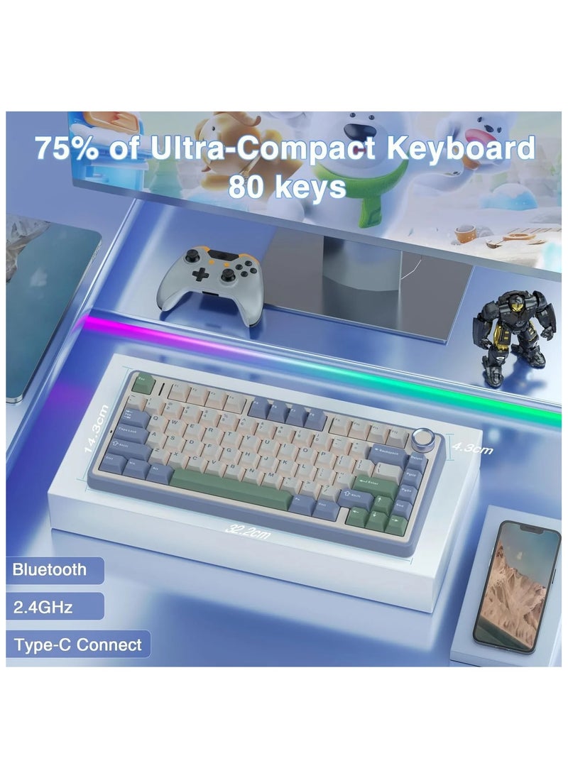 AULA - AULA F75 Wireless Trio Mode Mechanical Gaming Keyboard With Knob | 3 in One Gasket Hot Swappable Reaper Switch Keyboard | RGB Backlit Gaming Keyboard | 2.4GHz/Type-C/Bluetooth Mechanical Keyboard (Cedar Green – Gray Wood Switch V3) - Image 1