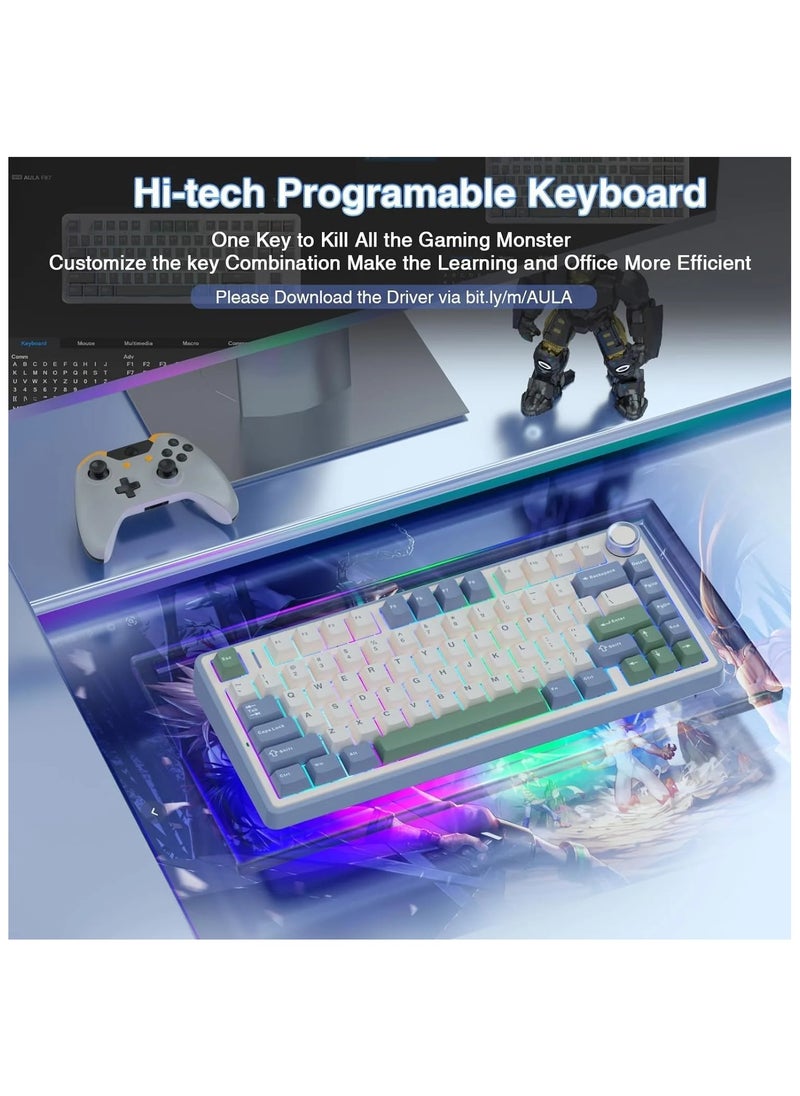 AULA - AULA F75 Wireless Trio Mode Mechanical Gaming Keyboard With Knob | 3 in One Gasket Hot Swappable Reaper Switch Keyboard | RGB Backlit Gaming Keyboard | 2.4GHz/Type-C/Bluetooth Mechanical Keyboard (Cedar Green – Gray Wood Switch V3) - Image 1