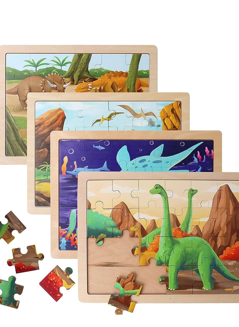Wooden Dinosaur Puzzles for Ages 3-5.4 Packs 24 PCs Jigsaw Preschool Educational Brain Teaser Boards Toys Montessori - Image 1