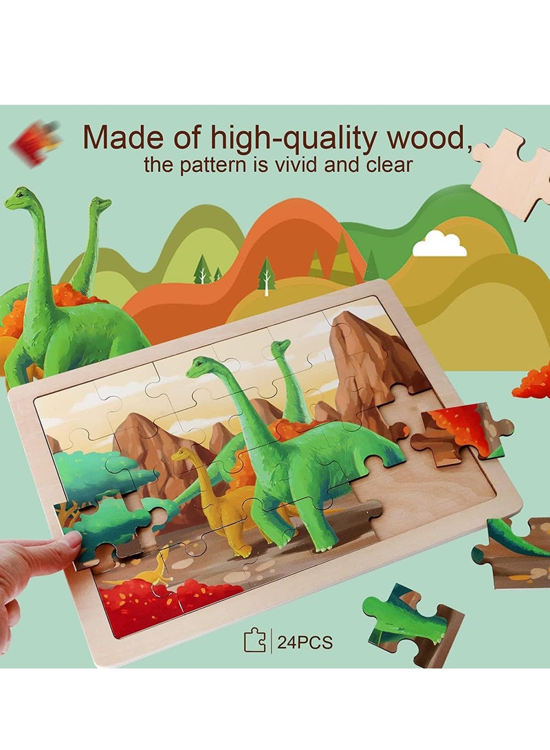 Wooden Dinosaur Puzzles for Ages 3-5.4 Packs 24 PCs Jigsaw Preschool Educational Brain Teaser Boards Toys Montessori - Image 3