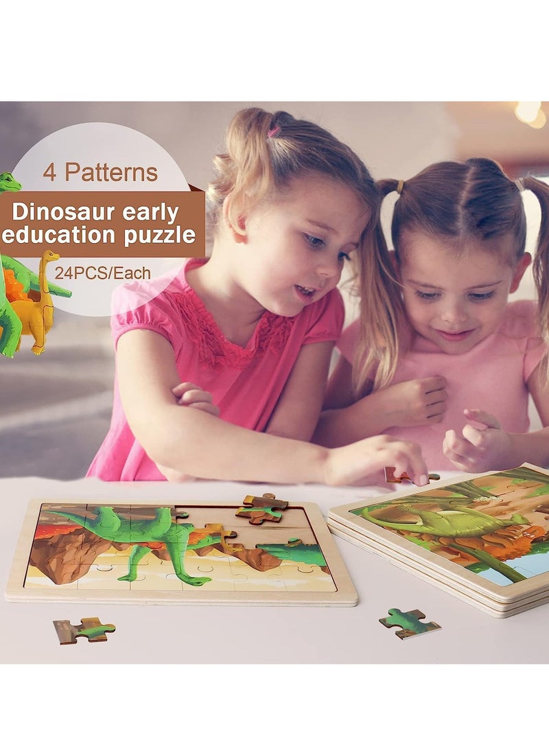 Wooden Dinosaur Puzzles for Ages 3-5.4 Packs 24 PCs Jigsaw Preschool Educational Brain Teaser Boards Toys Montessori - Image 4