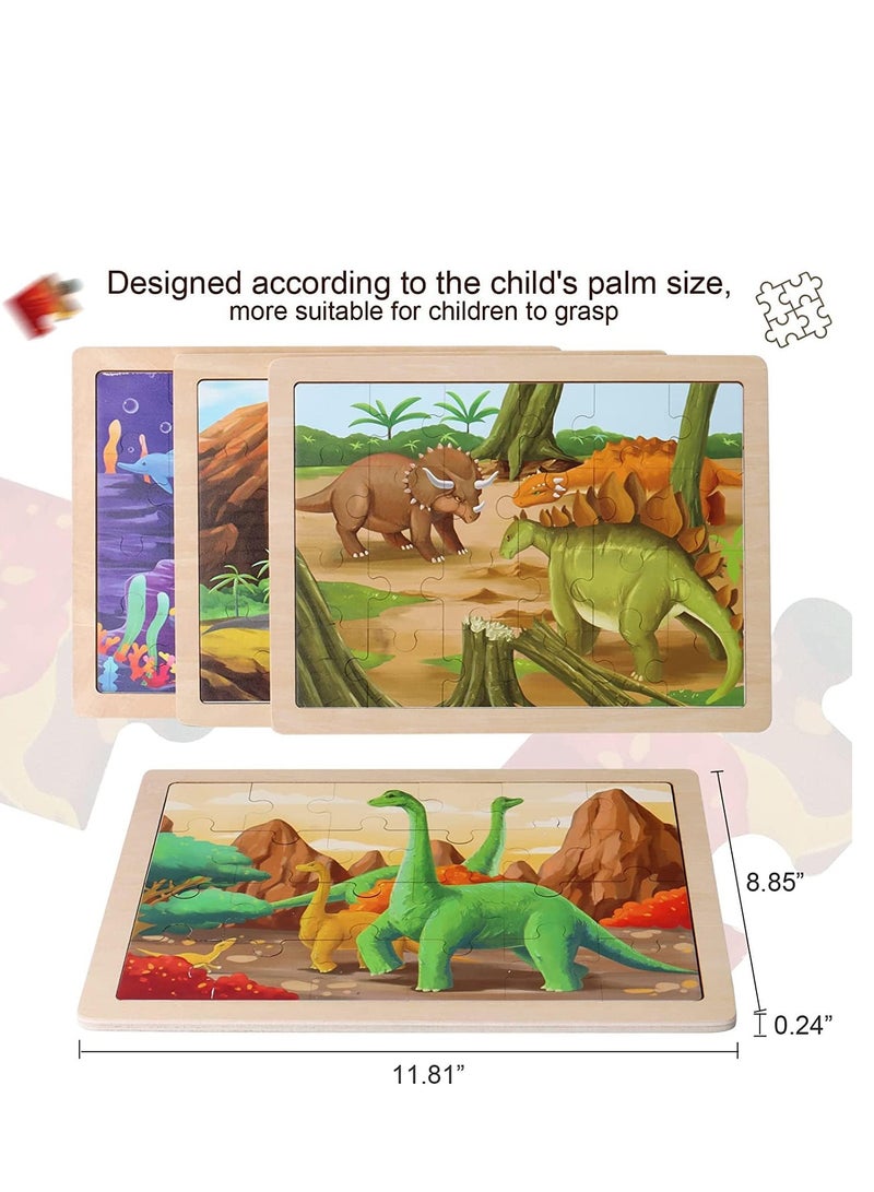 Wooden Dinosaur Puzzles for Ages 3-5.4 Packs 24 PCs Jigsaw Preschool Educational Brain Teaser Boards Toys Montessori - Image 5