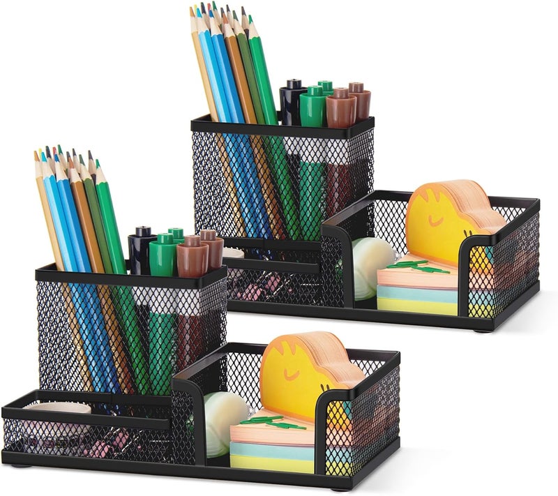 COMIX Mesh Pen Pencil Holder Desk Organizer, 3 Compartment Wire Desktop Pen Pencil Cup Caddy Office Supplies Accessories for Home Office School, Black(2 Pack) - Image 1