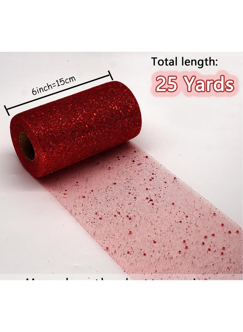 Glitter Tulle Fabric Rolls 6 Inch 25 Yards Sequin Sparkling Ribbon for Wedding, Tutu Skirt, Gift Wrapping, Party Decoration Red - Image 1