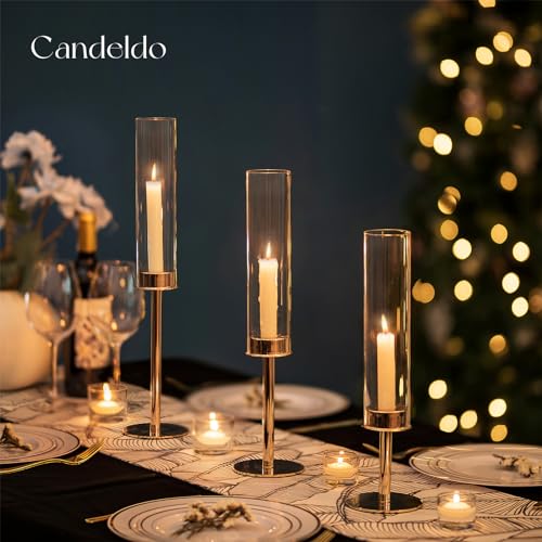 Candeldo Gold Hurricane Candlestick Holder: Taper Candle Holders for Wedding Glass Table Centerpiece for Dining Tables Set of 6 Tall Christmas Decoration Candle Stand - Image 2