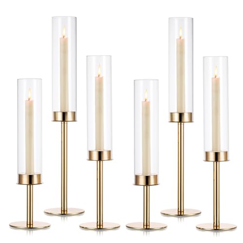 Candeldo Gold Hurricane Candlestick Holder: Taper Candle Holders for Wedding Glass Table Centerpiece for Dining Tables Set of 6 Tall Christmas Decoration Candle Stand - Image 1