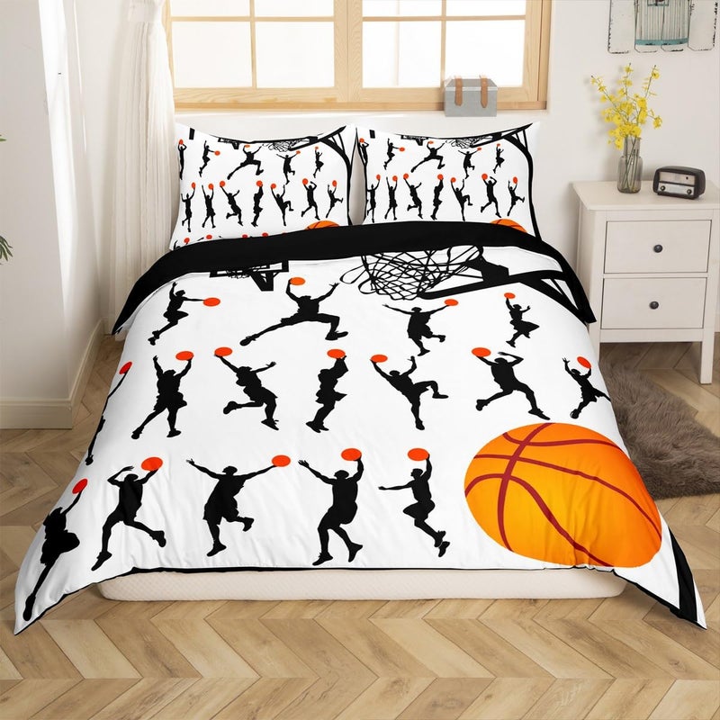 Feelyou Basketball Print Bedding Set Sports Comforter Cover for Kids Boys Girls Teens 3D Ball Duvet Cover Breathable Gift for Basketball Player Black White Bedspread Cover Room Decor Quilt Cover Full