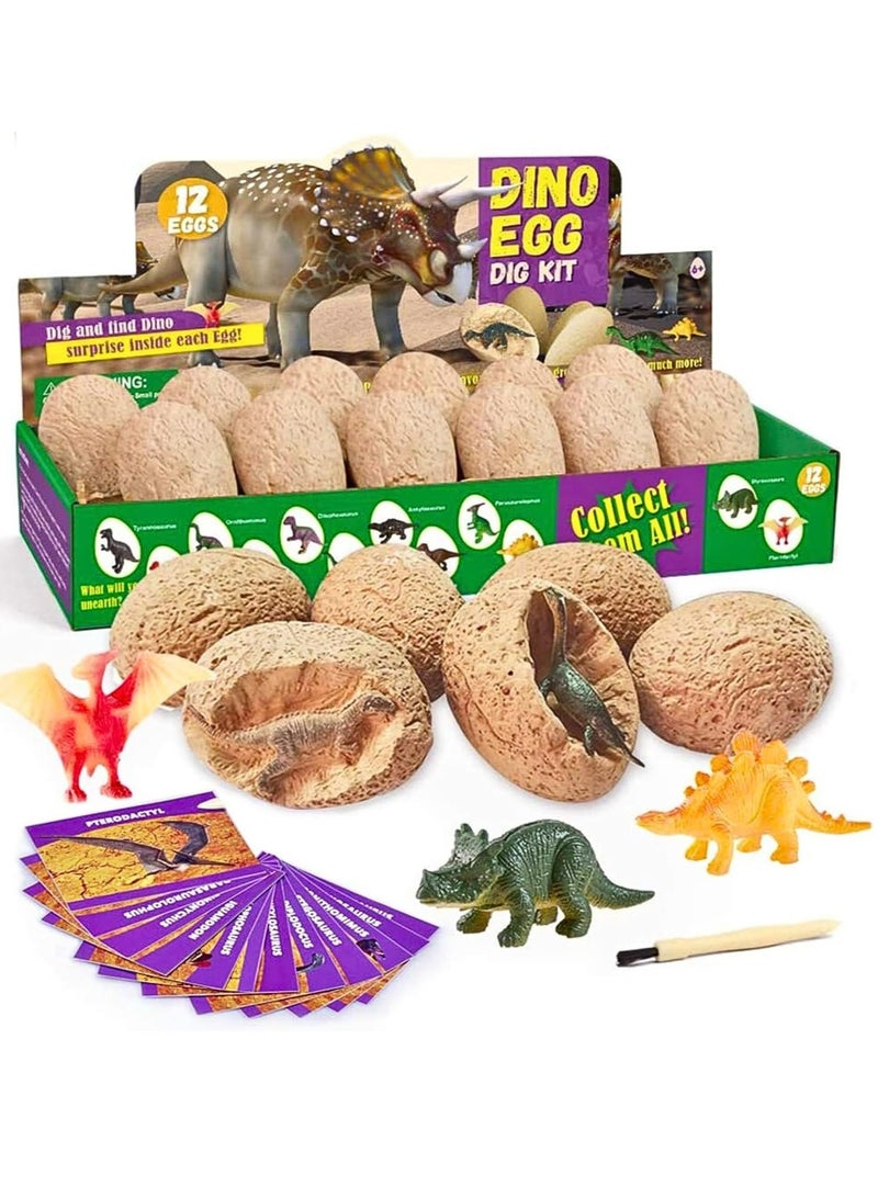ARGT طقم حفر الديناصورات – مجموعة حفر 12 بيضة ديناصور، لعبة علمية للأطفال، طقم حفر الحفريات مع 12 ديناصور فريد، هدية تعليمية في علم الحفريات للأولاد والبنات، هدايا حفلات - Image 1