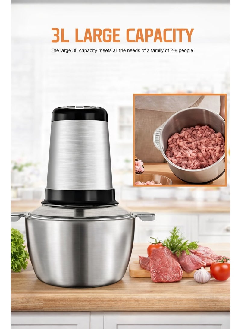 مفرمة طعام كهربائية سعة 3 لتر ومفرمة لحوم - محرك قوي 1200 واط، وعاء وشفرات من الفولاذ المقاوم للصدأ 304 - معالج طعام متعدد الوظائف للحوم والخضروات والفواكه وأطعمة الأطفال والمكسرات - Image 1