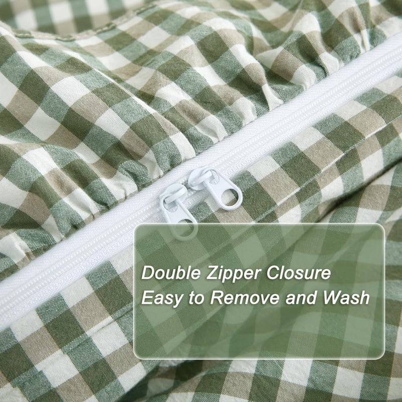 Silnuo Sage Green/White Plaid Ruffle Duvet Cover King Size,100% Washed Cotton 3 Pcs Vintage Checkered Chic Gingham Farmhouse Bedding Set Comforter Cover Set - Image 5