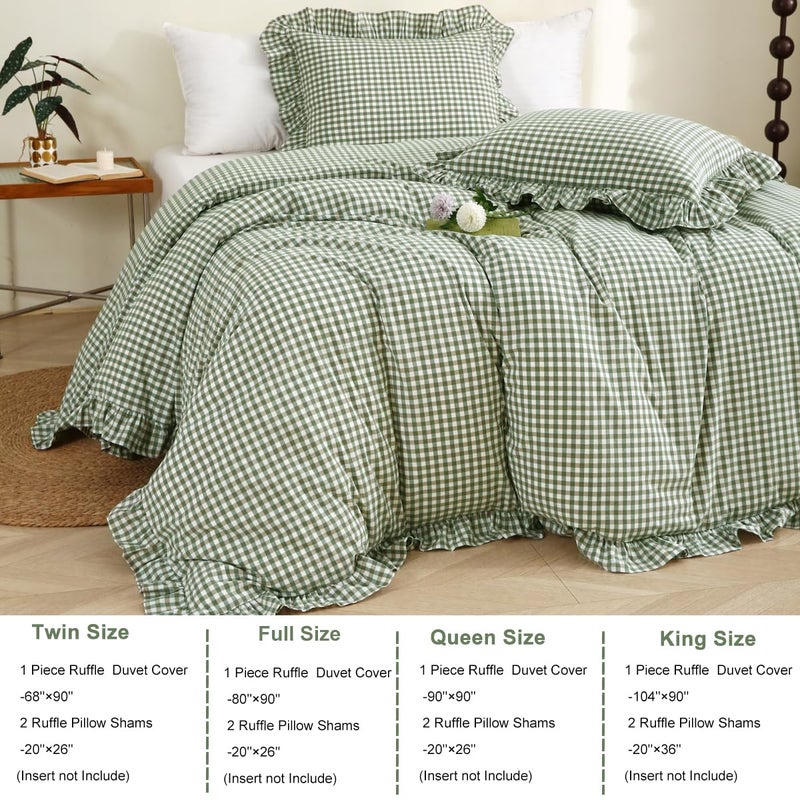 Silnuo Sage Green/White Plaid Ruffle Duvet Cover King Size,100% Washed Cotton 3 Pcs Vintage Checkered Chic Gingham Farmhouse Bedding Set Comforter Cover Set - Image 4